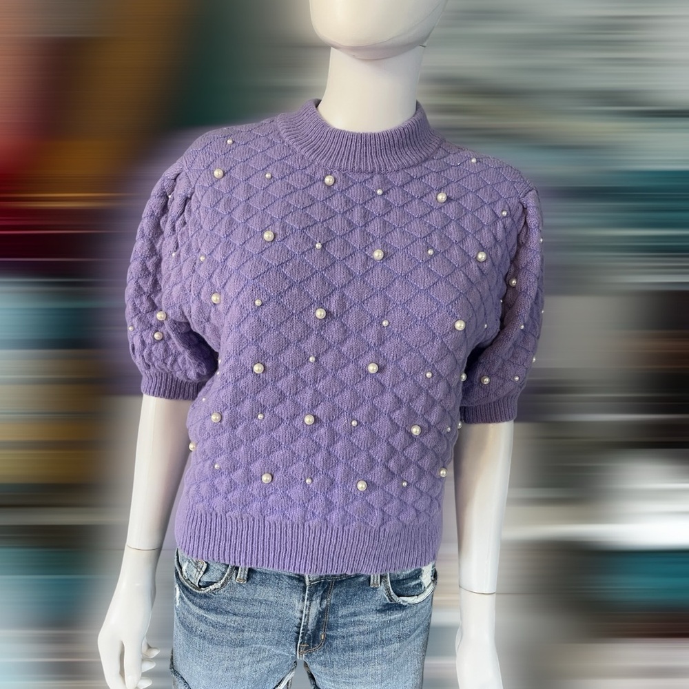 PEACH LOVE CALIFORNIA Puff sleeve pearl knit top Sz S M L - Picture 5 of 9
